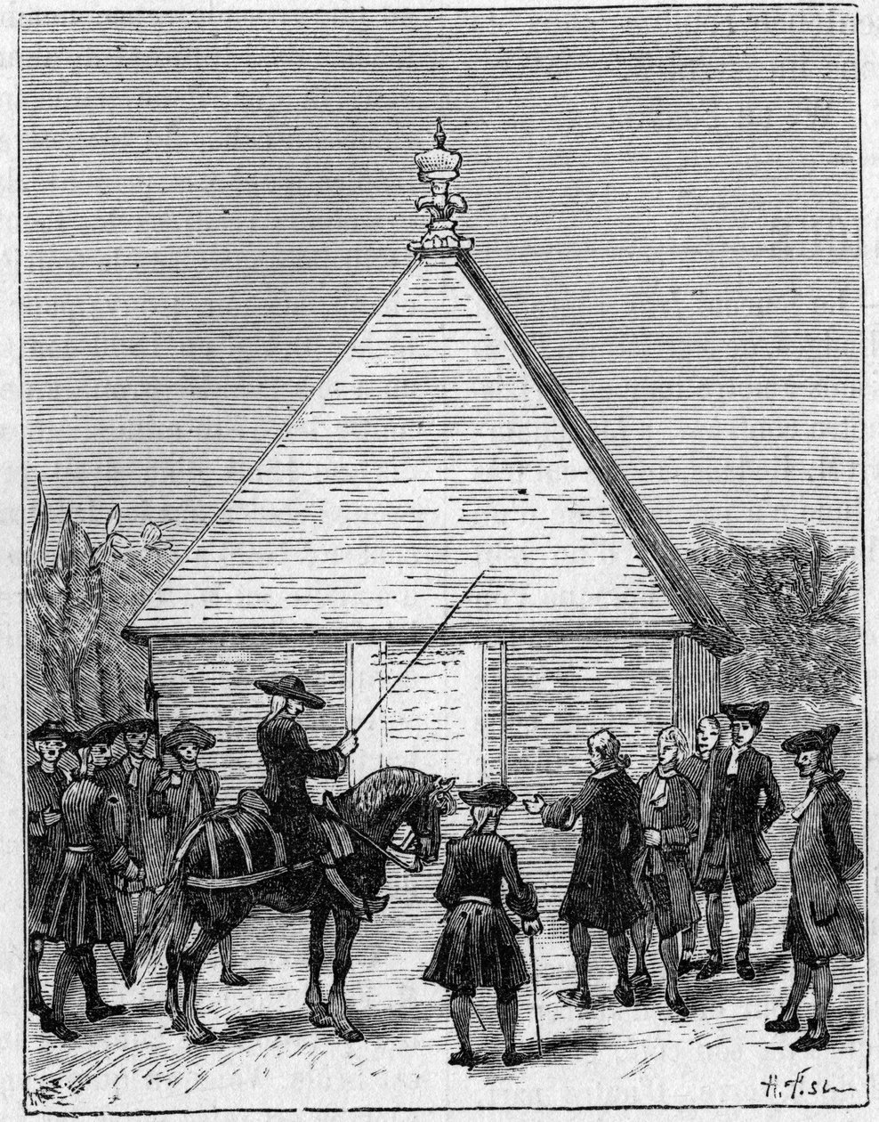 De meting van de graad van Ecuador in de 18e eeuw: piramide van Carabourou, Peru, opgericht door La Condamine in 1736. Gravure in 