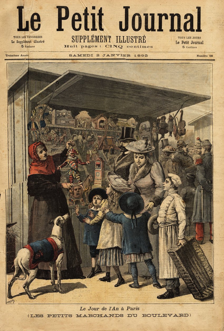 De kooplieden en hun boulevarddisplays op de dag van het jaar in Parijs. Gravure in Le petit journal 2/01/1892. Selva