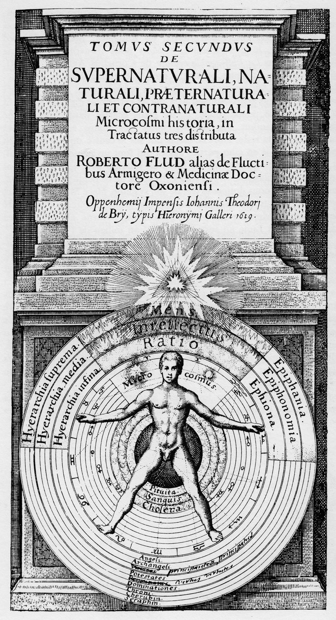 De microkosmos en de macrokosmos - Allegorische voorstelling van de positie van de mens in het universum (Vitruviaanse man) door Unknown artist