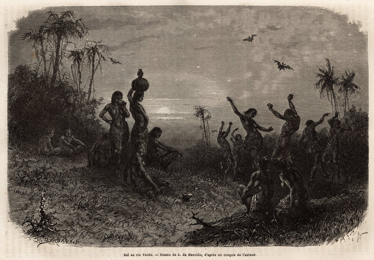 Het maanlichtbal, dat de 18-jarige jubileumceremonie en het huwelijk van een jonge Indiaan uit Rio Verde (Brazilië) afsluit. Gravure ter illustratie van de reis naar Nieuw-Granada, door Dr. Saffray, in 1869, gepubliceerd in 