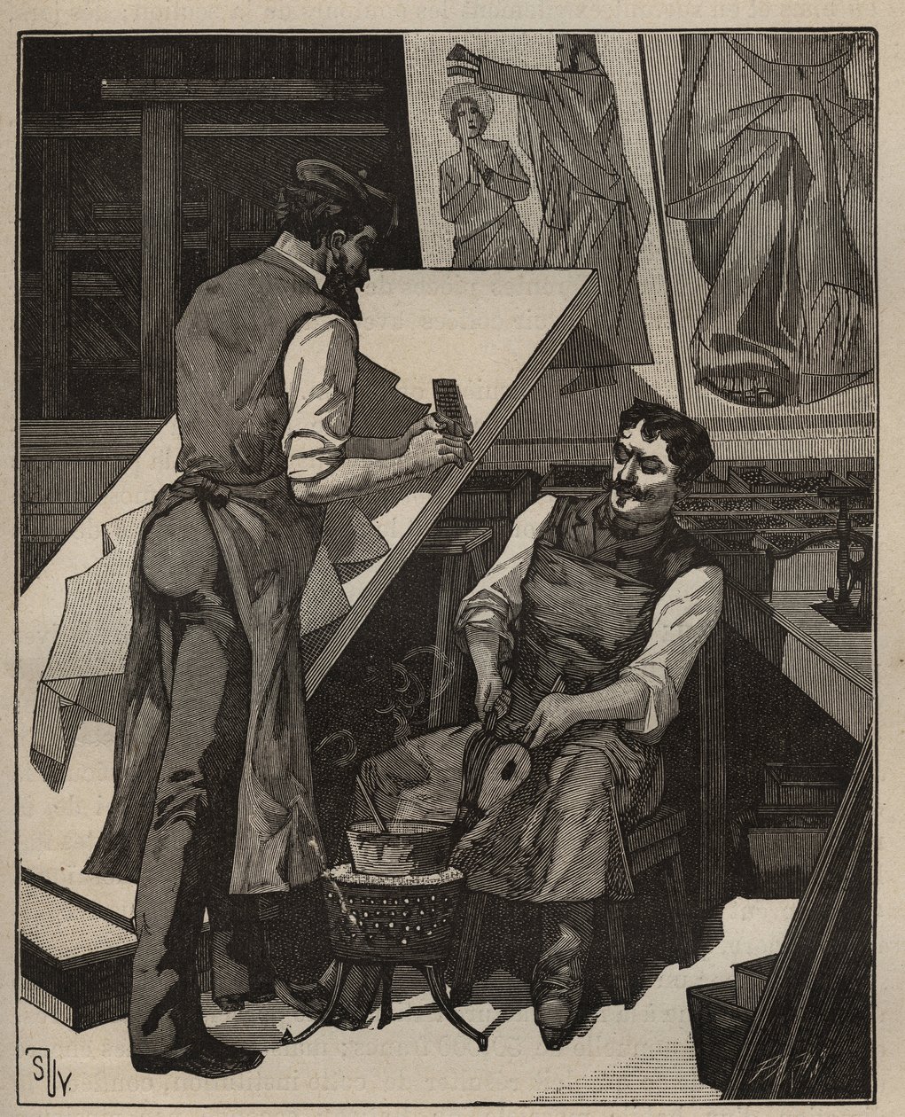 De mozaïek: mozaïekwerkplaats. Gravure uit 1885 in 