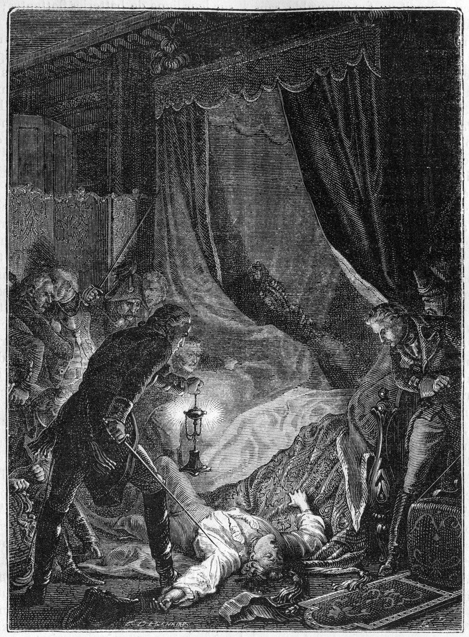 De moord op Tsaar Paul I van Rusland, maart 1801 - Illustratie 1882-1884 - De moord op Paul I Petrovich (1754-1801), Russische tsaar, in zijn kamer in het Sint-Michielspaleis na gedwongen te zijn zijn abdicatie te ondertekenen - Illustratie 1882-1884 door Unknown artist