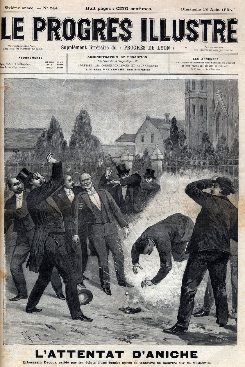De moordenaar Clement Decoux is het slachtoffer van zijn poging tot aanslag op Emile Vuillemin (1822-?), directeur van de mijnen van Aniche, die op 4 augustus 1895 zijn vijftigjarig jubileum viert aan het hoofd van de kolenproductie - gravure in 