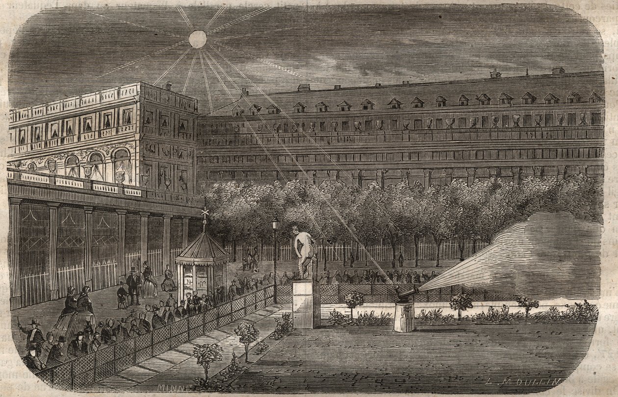 Het middagkanon (zonkanon) bij het Palais Royal in Parijs. Gravure uit 1857 in 