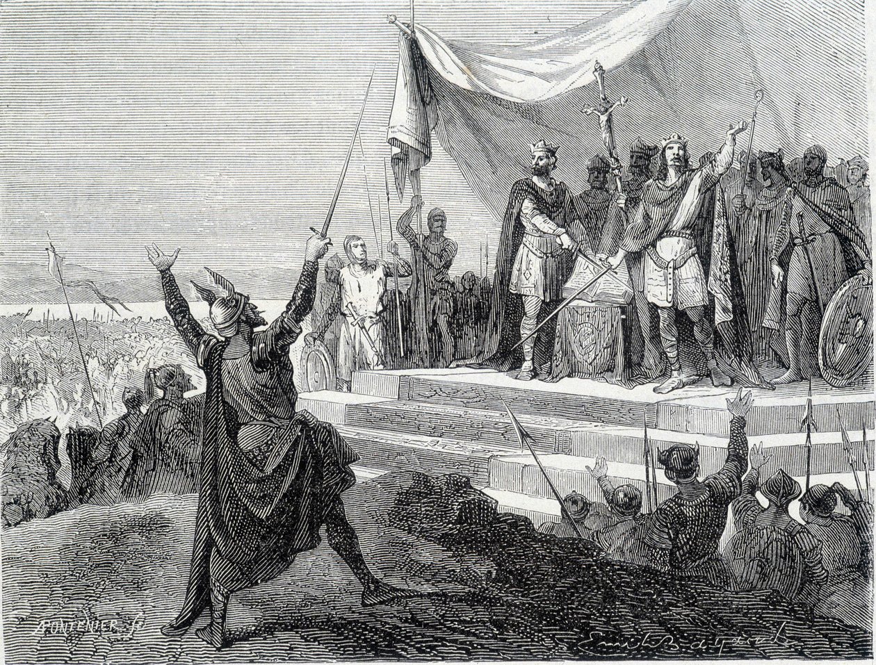 De eed van de twee broers voor hun wapenrusting: Karel II de Kale en Lodewijk II de Duitser zweren de eed tegen Lotharius I (Eden van Straatsburg 842). Gravure van de 19e eeuw. door Unknown artist