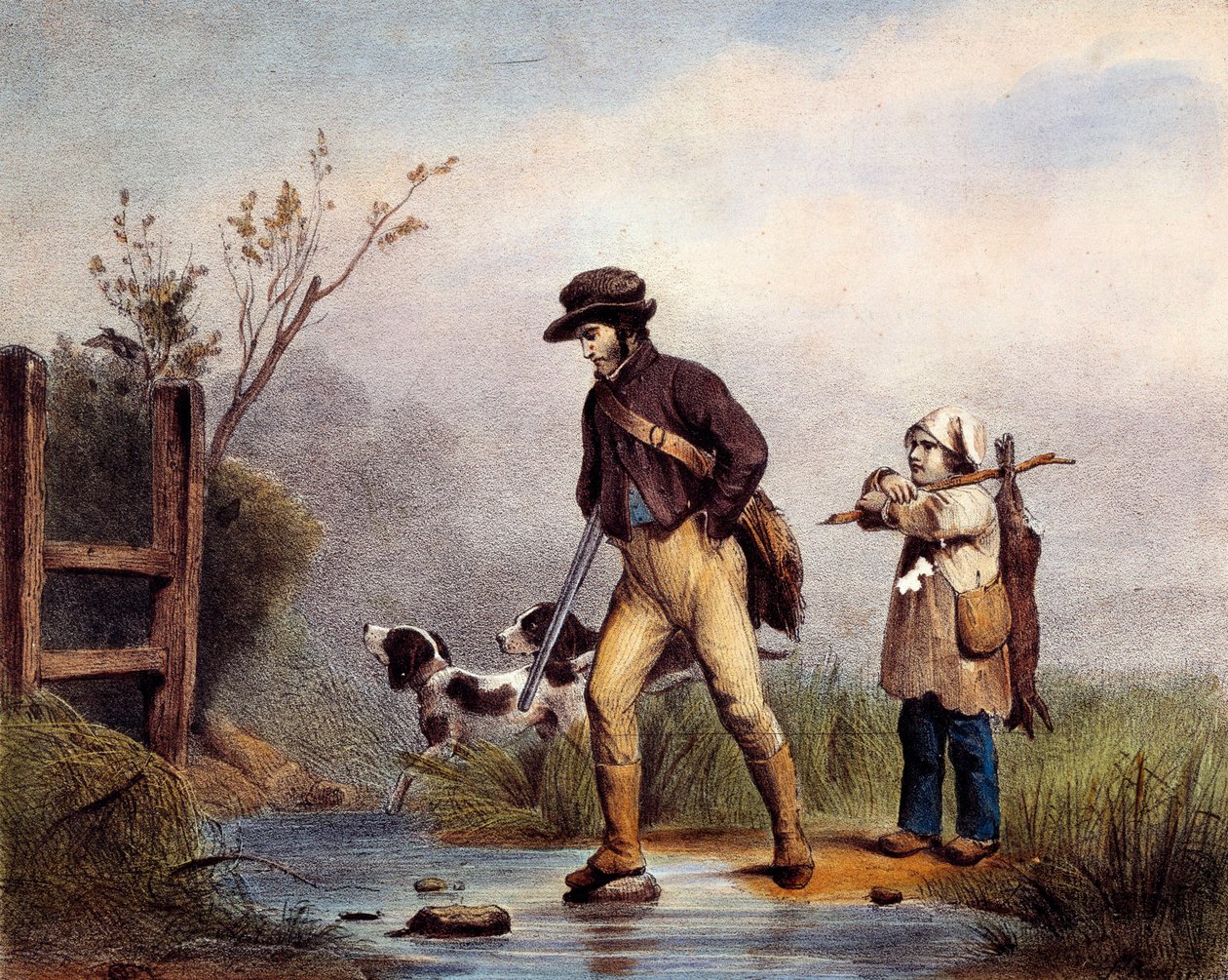 De doorgang heeft jagers die een waterloop te voet oversteken. Lithografie van de 19e eeuw Gien, jachtmuseum door Unknown artist