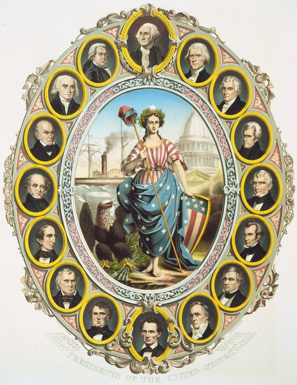 De presidenten van de Verenigde Staten met het symbool van Amerika in het midden. Boven, Washington en onder Abraham Lincoln. Poster gepubliceerd bij de inauguratie van Lincolns presidentschap in 1861 door Unknown artist