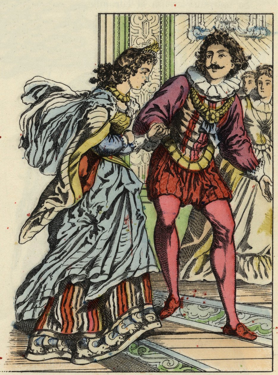 De prins nodigt Assepoester uit om te dansen. Illustratie van Charles Perraults verhaal 