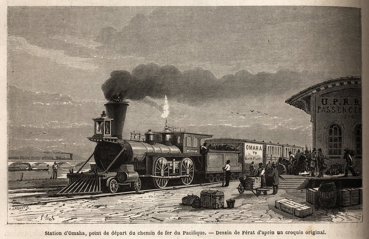 Het spoorwegstation Omaha (Nebraska), het startpunt van de lijnen naar de Stille Oceaan. Gravure ter illustratie van de reis naar het verre westen van Amerika, door M. L. Simonin, in 1867, gepubliceerd in 