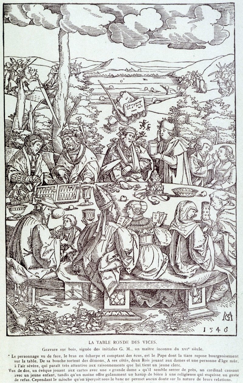 De ronde tafel van ondeugden: spel, hebzucht, lust, trots... (gravure 1546) door Unknown artist