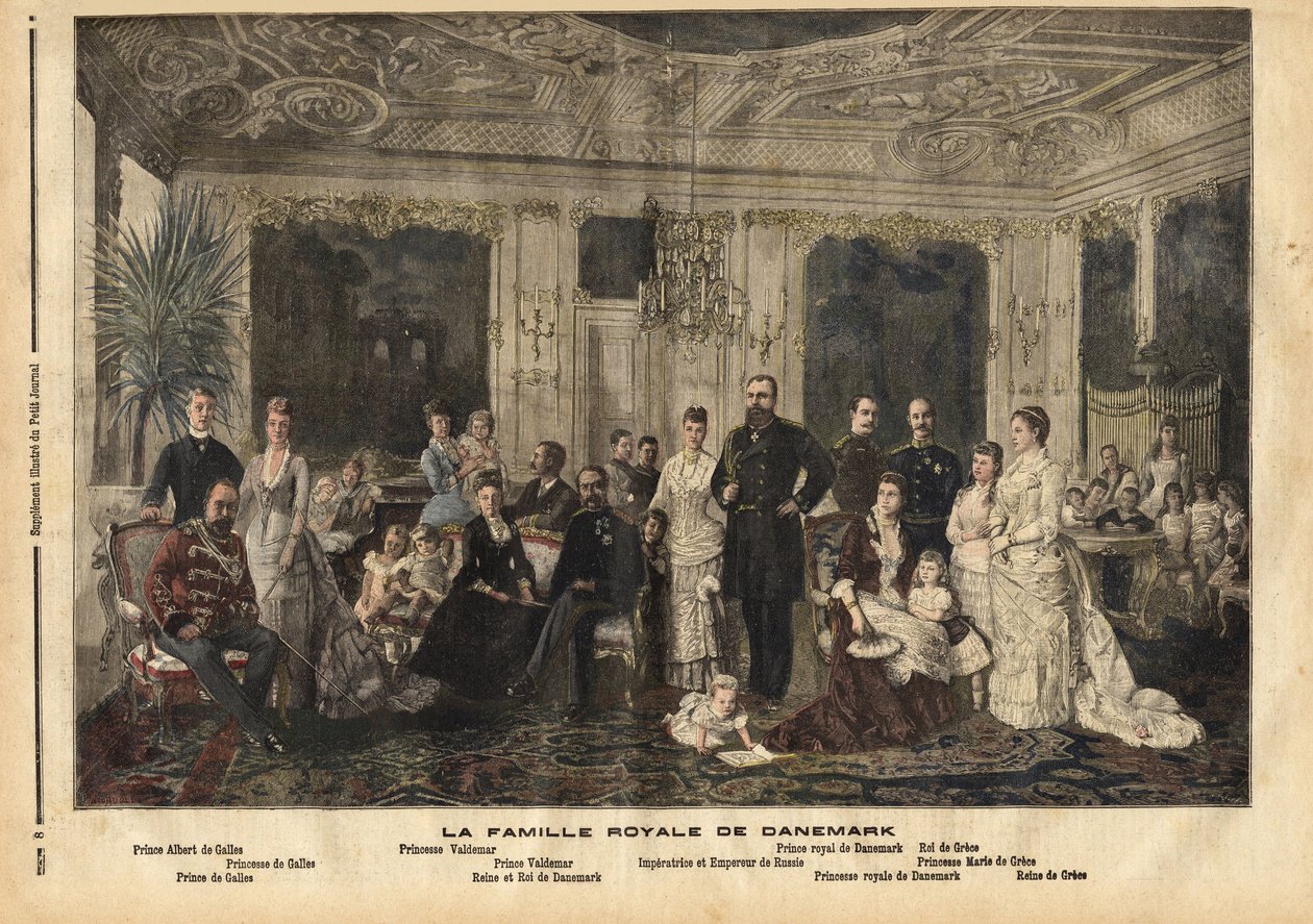 De koninklijke familie van Denemarken, zittend in het midden, koningin Louise van Hessen-Kassel (1817-1898) en koning Christian IX van Denemarken (1818-1906) bijgenaamd 