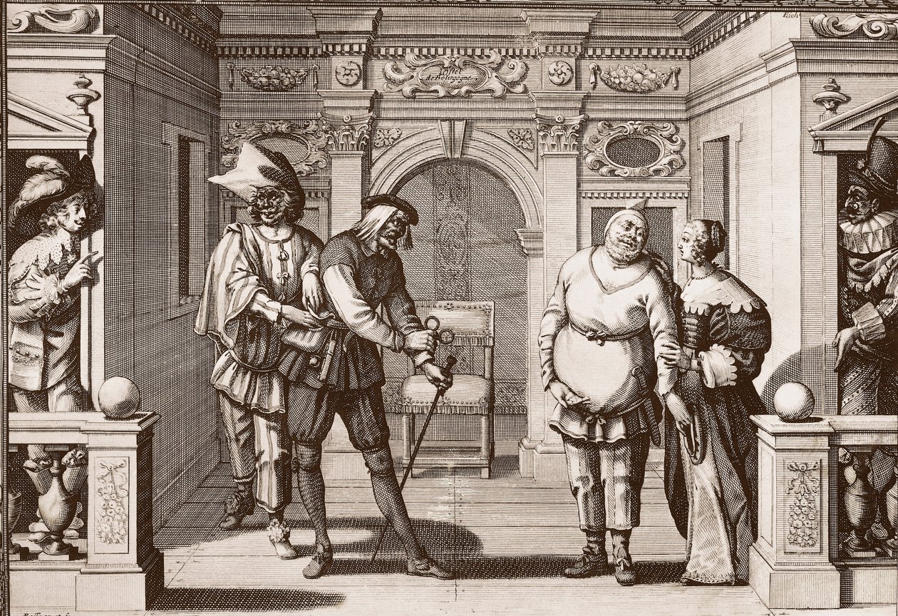 Het koninklijke gezelschap van de Italiaanse Komedie in het theater van het Hotel de Bourgogne, rue Mauconseil in Parijs door Unknown artist