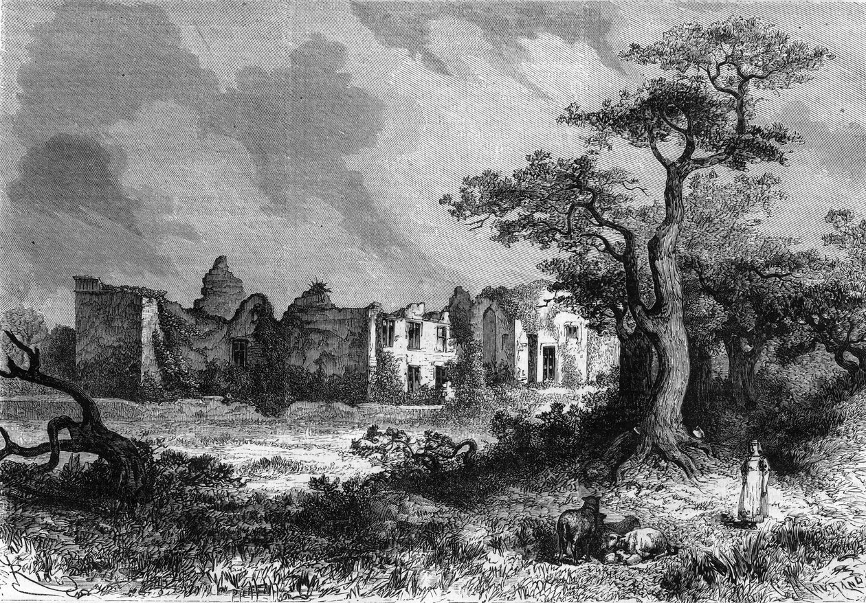 De ruïnes van het Chateau de la Mailleraye nabij Parthenay, departement Deux-Sèvres van de regio Poitou-Charentes. Gravure in 