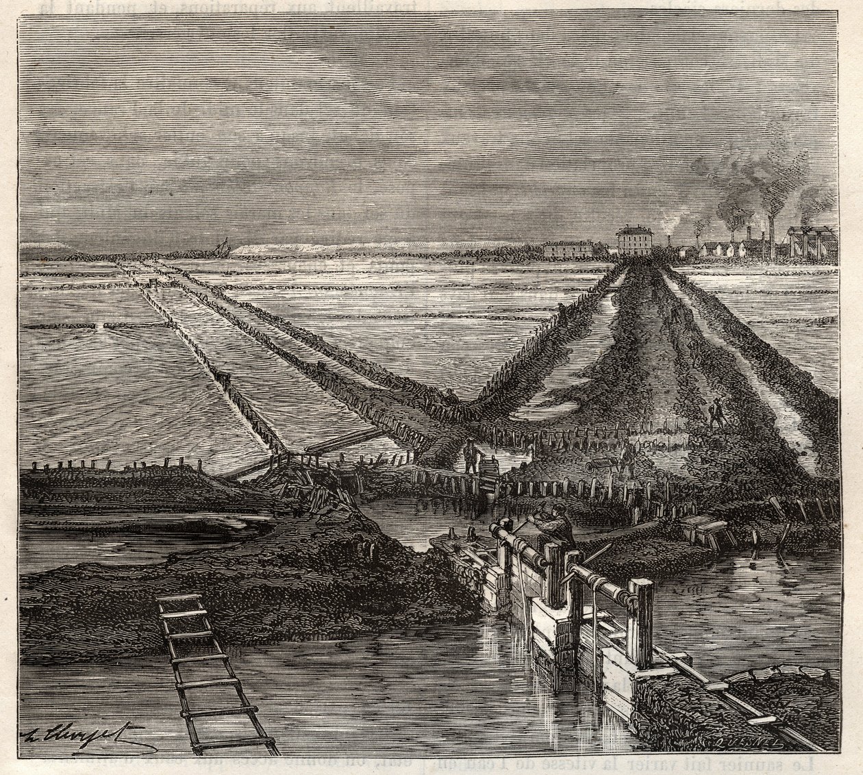 Het zoutmoeras van Giraud in de Camargue (Bouches-du-Rhône), gezien vanaf het dienstkanaal - gravure in 