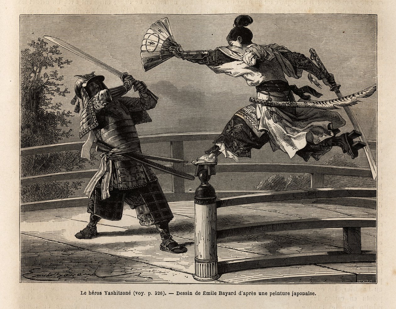 De samoerai Yashitsune in balans op de barrière van een brug, valt een samoerai in harnas aan. Gravure ter illustratie van de reis naar Japan, in 1863-1864, door Aime Humbert, minister van de Zwitserse Confederatie, in 