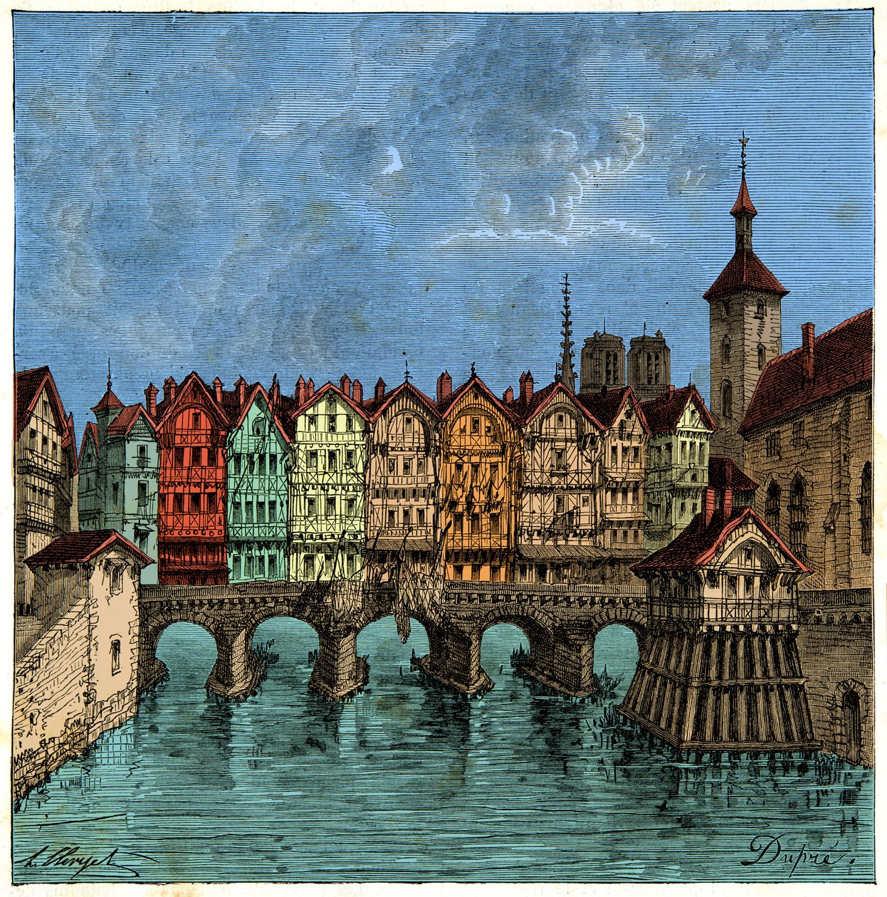 De kleine brug die later de Pont au Change in Parijs werd in de Middeleeuwen, gravure 19e eeuw door Unknown artist