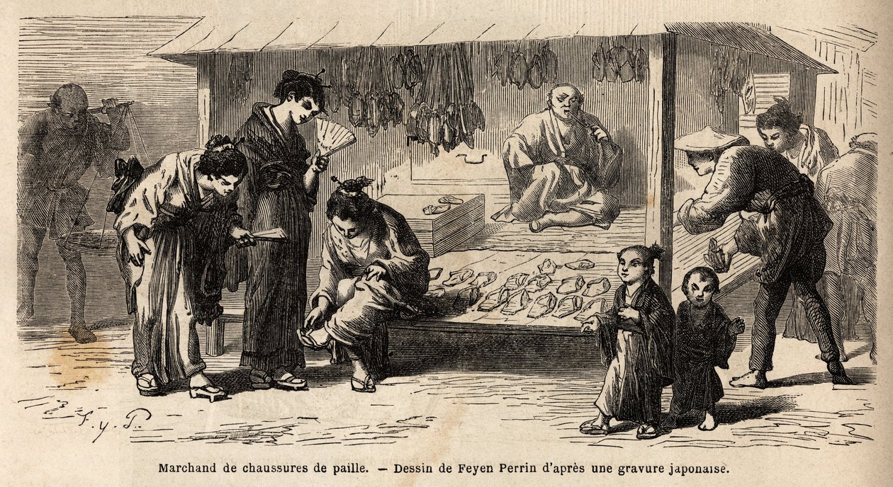 De stempel van een stro-schoenverkoper, met verschillende klanten, een vrouw die een paar probeert met haar vrienden, en een vader die voor haar kind zorgt. Gravure ter illustratie van de reis naar Japan, in 1863-1864, door Aime Humbert, minister van de Zw door Unknown artist