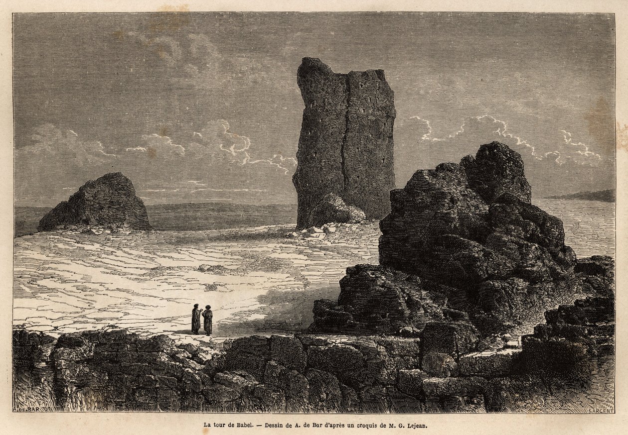 De ruïnes van Birs Nimroud, geïdentificeerd als de mythische toren van Babel. Gravure ter illustratie van de reis naar Babylon, in 1866, door Guillaume Lejean, in Le tour du monde, nouveau journal des voyages door Unknown artist