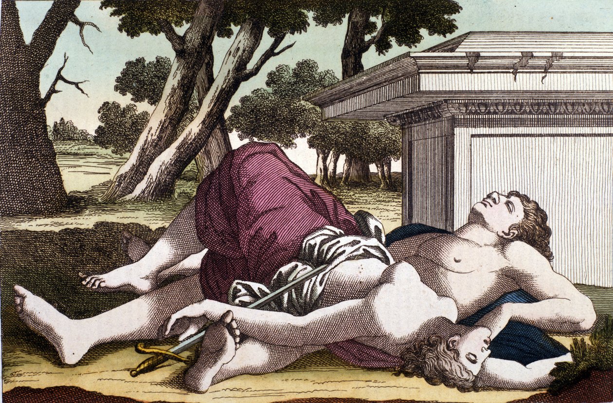 De zelfmoord van Pyramus (Pirame) onder de moerbeiboom en de dood van Thisbe. Overtuigd dat de leeuwin Thisbe had verslonden, pleegde Pyramus zelfmoord en bedekte de witte moerbeien met zijn bloed. Thisbe, die zich verstopte om aan de leeuw te ontsnappen,  door Unknown artist