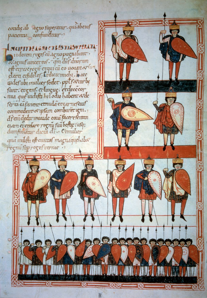 De tien koningen van de apocalyps met speren en schilden met hun troepen. Miniatuur in Beatus de Liebana, Commentaar op de Apocalyps door Unknown artist
