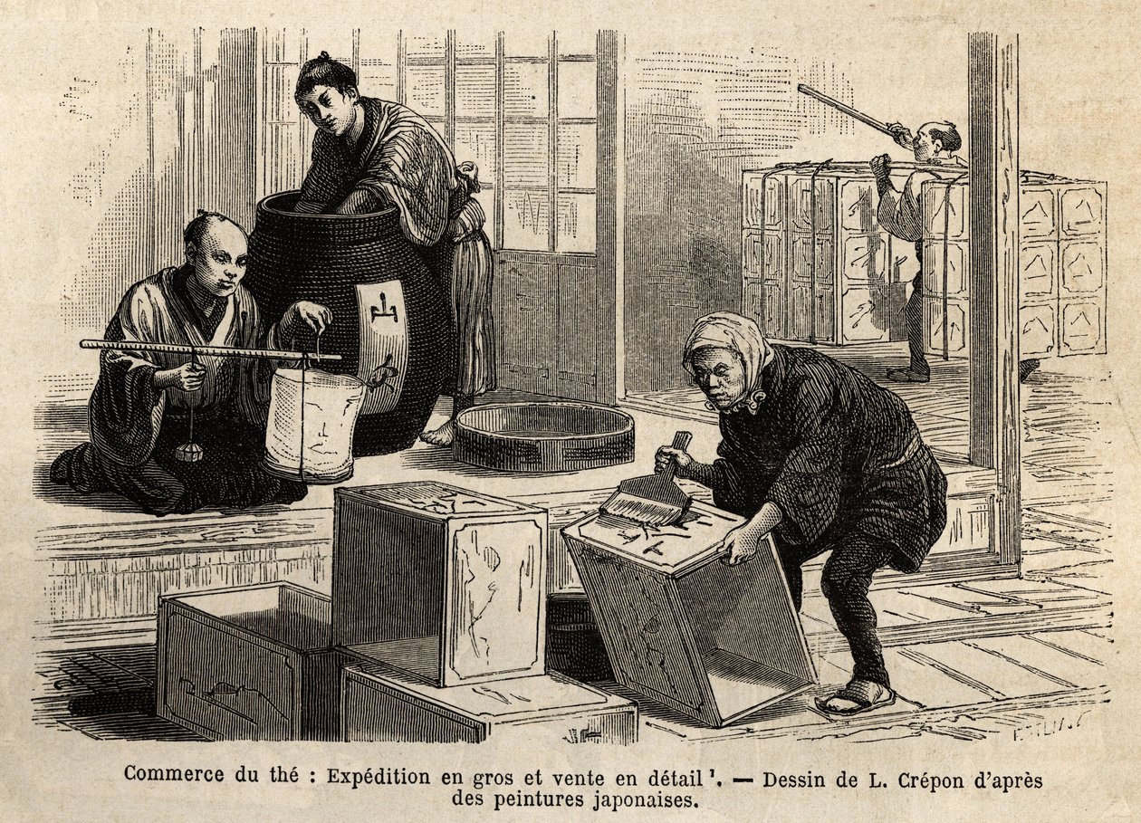 De handel in thee: groothandel en detailhandel verzending. Gravure ter illustratie van de reis naar Japan, door Aime Humbert, minister van de Zwitserse Confederatie, in 1863-1864, gepubliceerd in 