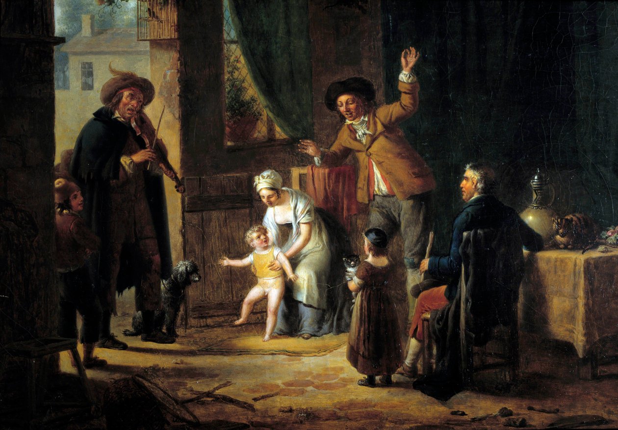 De reizende muzikant. Een violist speelt muziek aan de deur van een familiehuis. Anoniem schilderij. 1819 Parijs, Decoratieve Kunsten door Unknown artist