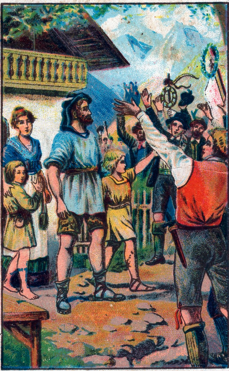 Het eerbetoon van de confederatie aan Guillaume Tell (Wilhelm Tell) (legendarische held van de Zwitserse onafhankelijkheid). Chromolithografie uit het einde van de 19e eeuw. door Unknown artist