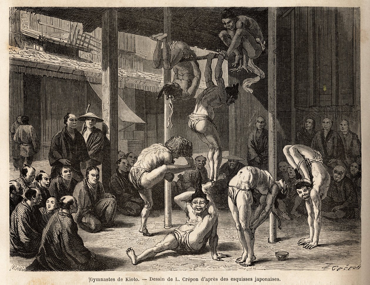 De troep van de Saltimbanks de gymnasten van Tokio, ze treden op onder een grote schuur of zijn voorzien van bamboematten, allemaal ervaren met deze fysieke oefeningen maar ook met de praktijk van komedie. Gravure ter illustratie van de reis naar Japan door Unknown artist