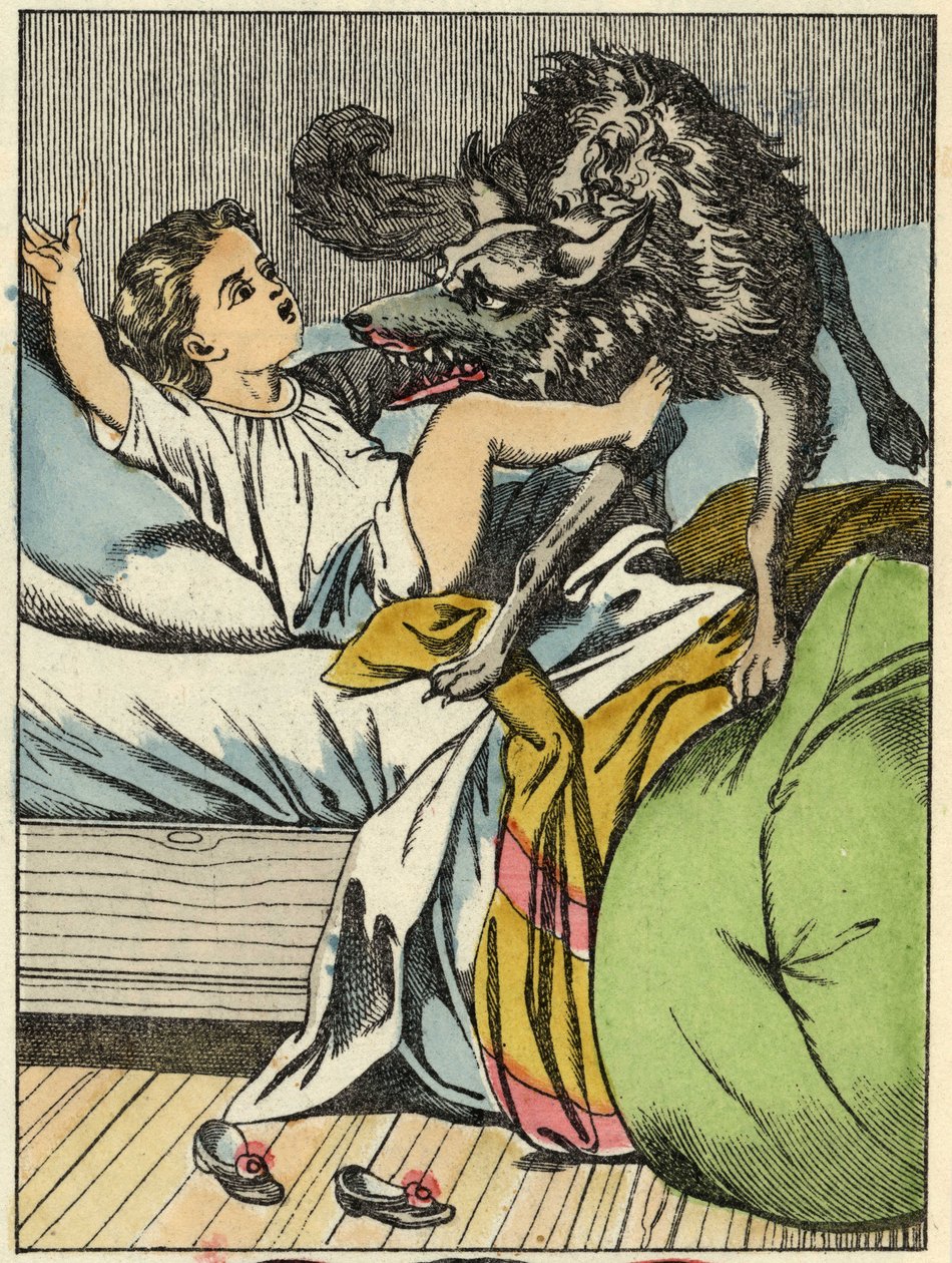 De wolf slaat Roodkapje. Illustratie van het sprookje 