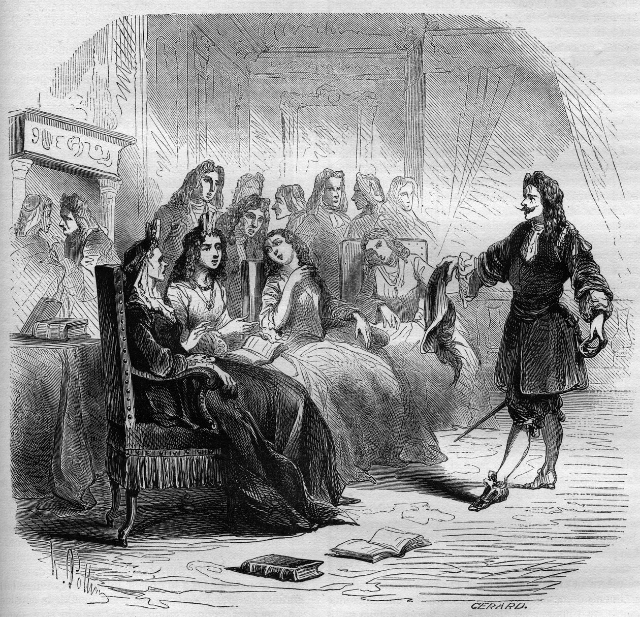 De schrijver Georges de Scudery (1598-1667) tijdens een literaire salon georganiseerd door zijn zus, Madeleine de Scudery, in 1650. Gravure uit 1860-1861 door Unknown artist
