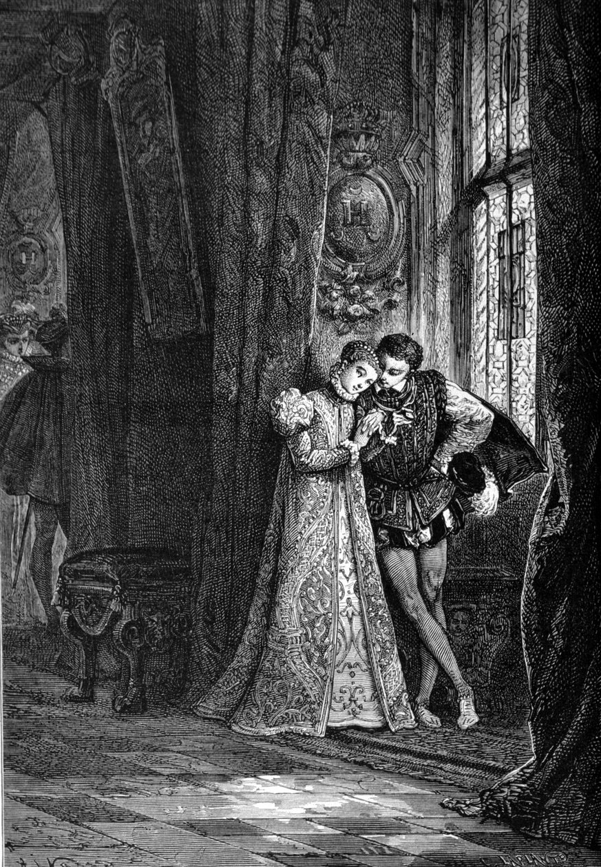 De jonge verloofden Marie Iere Stuart (1542 - 1587) en Francois II (1544 - 1560) hielden ervan zich apart te zetten voor vertrouwelijkheden. Gravure uit de 19e eeuw. door Unknown artist