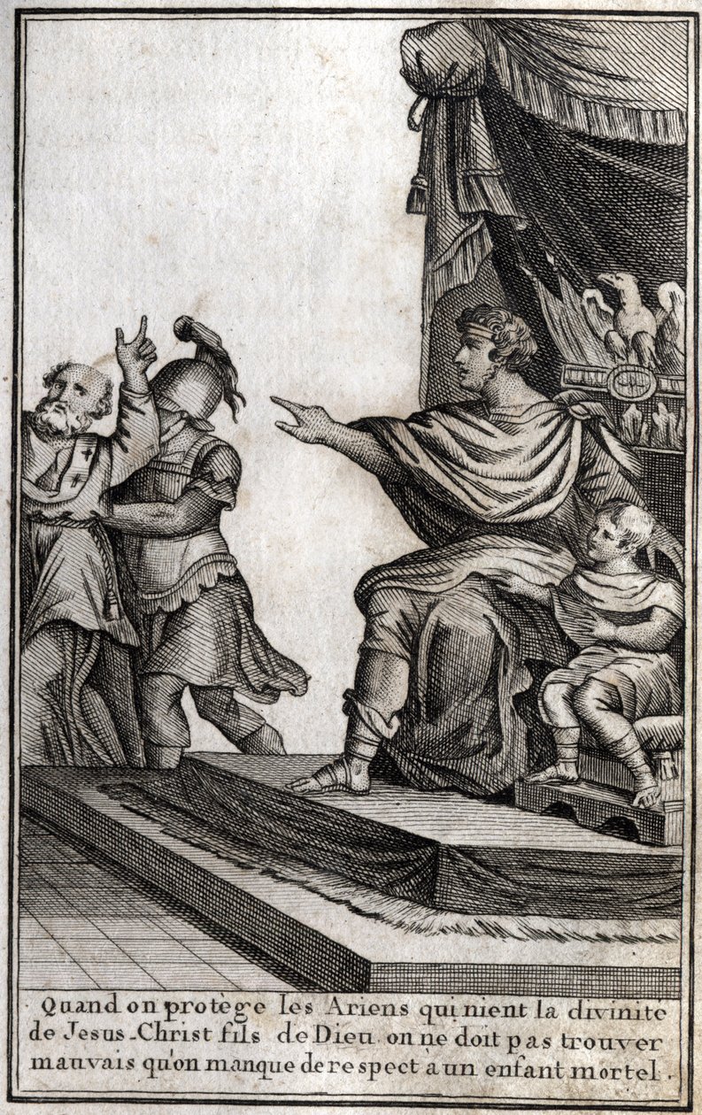 Theodosius I (Flavius Theodosius) (347-395), Romeins keizer, liet Amphiloque, bisschop van Icone, arresteren wegens gebrek aan respect voor zijn zoon, Arcadius (377-408). De bisschop verklaart: "Wanneer we de Arianen beschermen die de goddelijkheid van Jez door Unknown artist