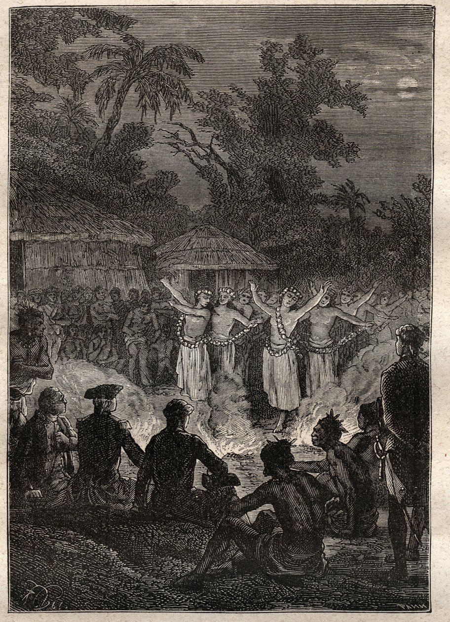 Derde reis (1776-1779) door Kapitein James Cook (1728-1779): een feest op de eilanden van de Vrienden (Koninkrijk Tonga, Polynesië) - illustratie uit 