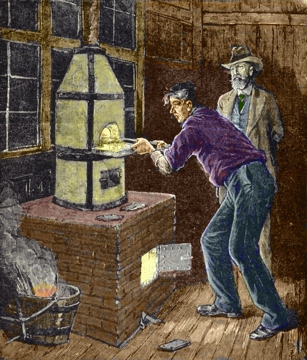 Thomas Edison experimenteert rond 1879 met carbonpapier voor de gloeilamp door Unknown artist