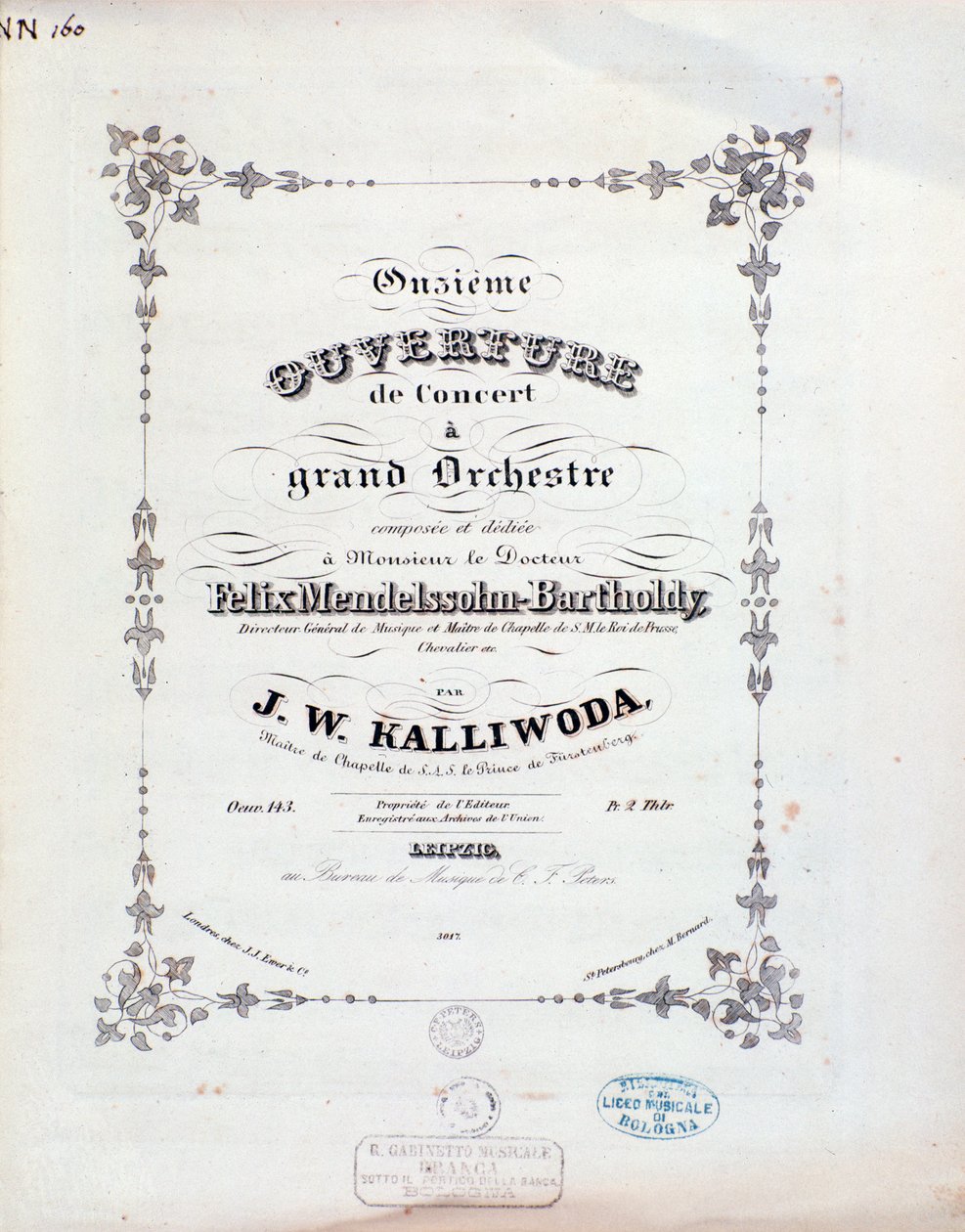 Titelpagina van muzikale partituur van ouverture nr. 11 door Kalliwoda door Unknown artist