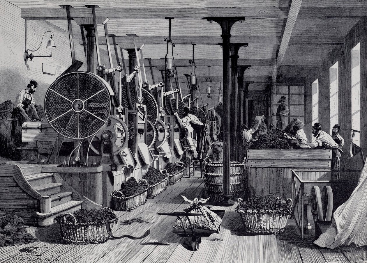 Tabaksfabriek, wasruimte en tabaksraspen. Gravure rond 1867. Parijs, Musee Carnavalet door Unknown artist