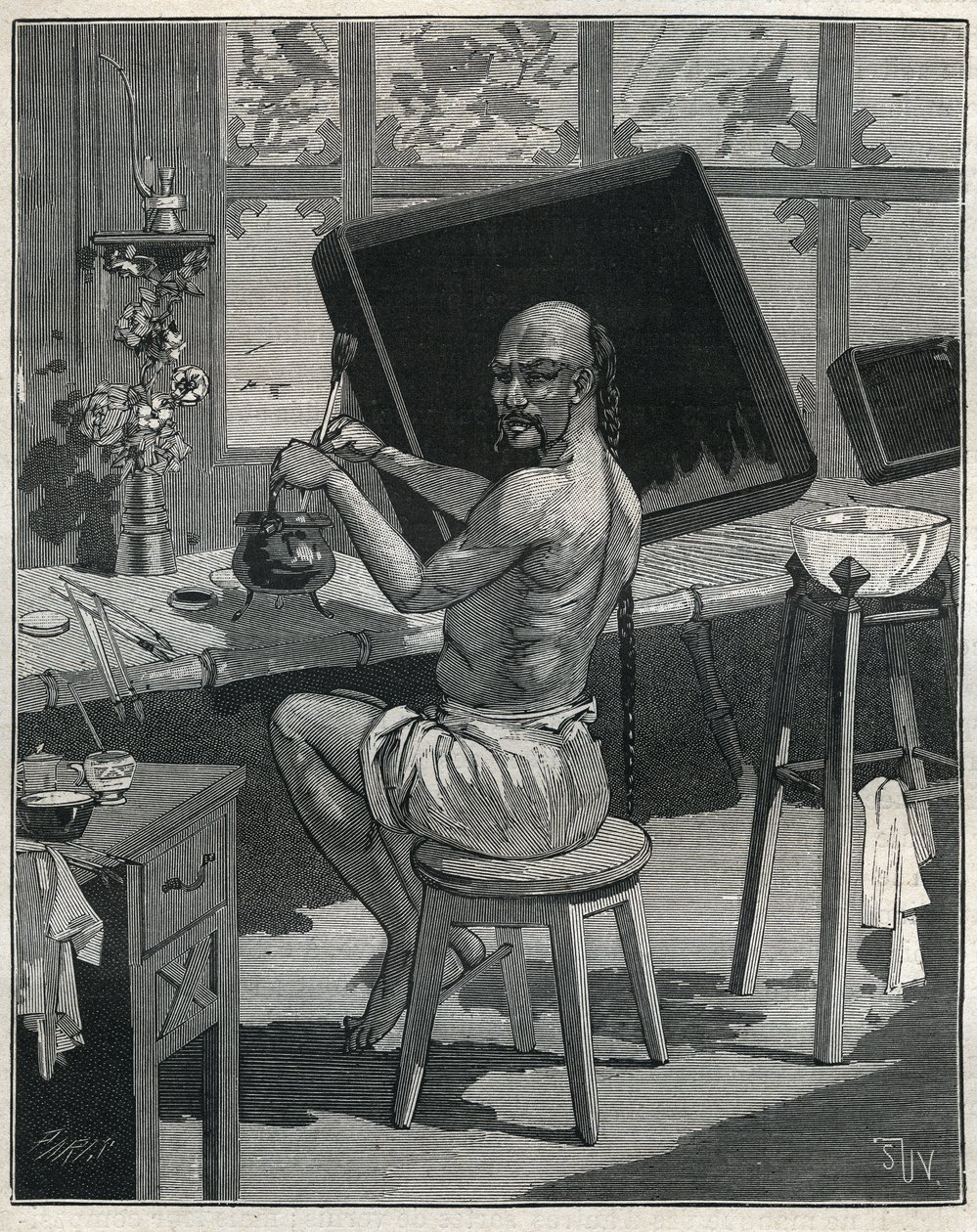 Tongolie-lakker in China. Gravure uit 1885 in 