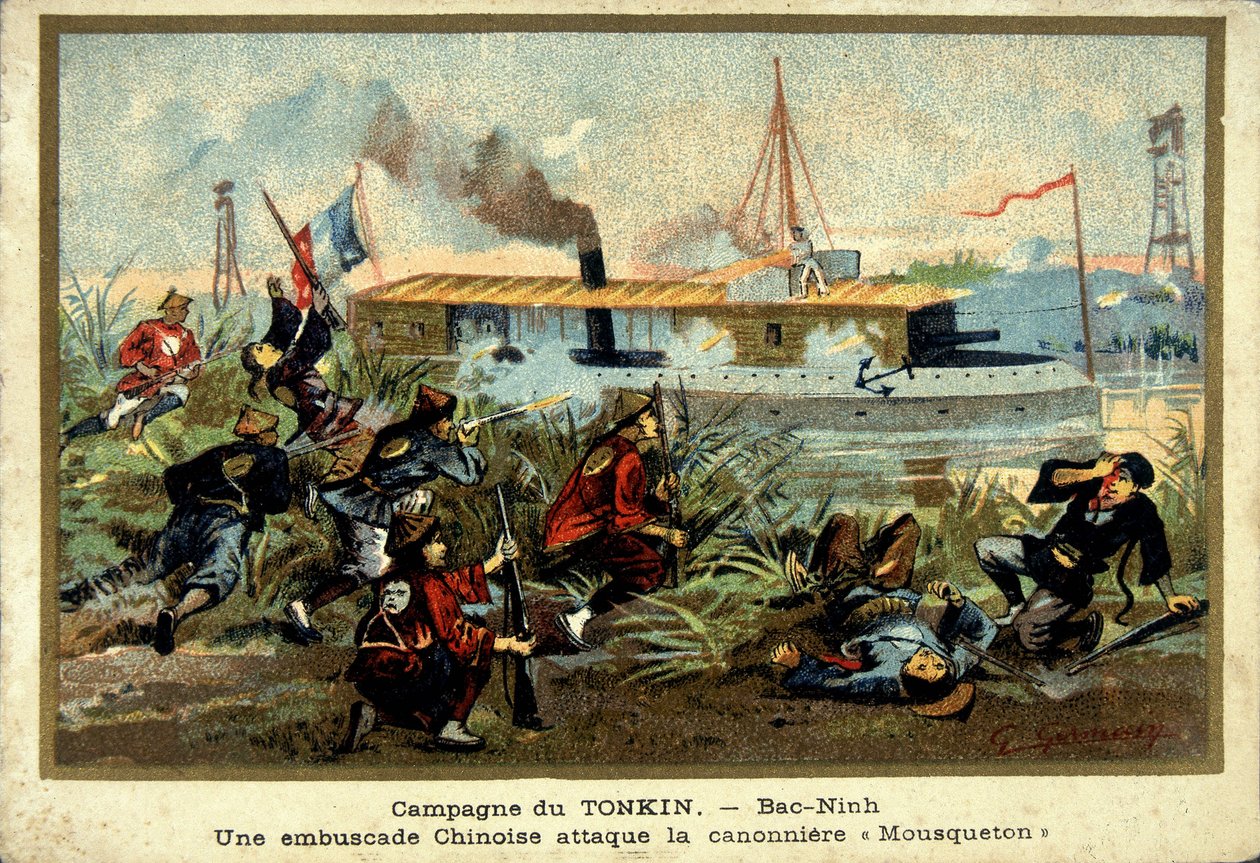 Tonkin Campagne: in Bac-Ninh, een Chinese hinderlaag valt de kanonneerboot 
