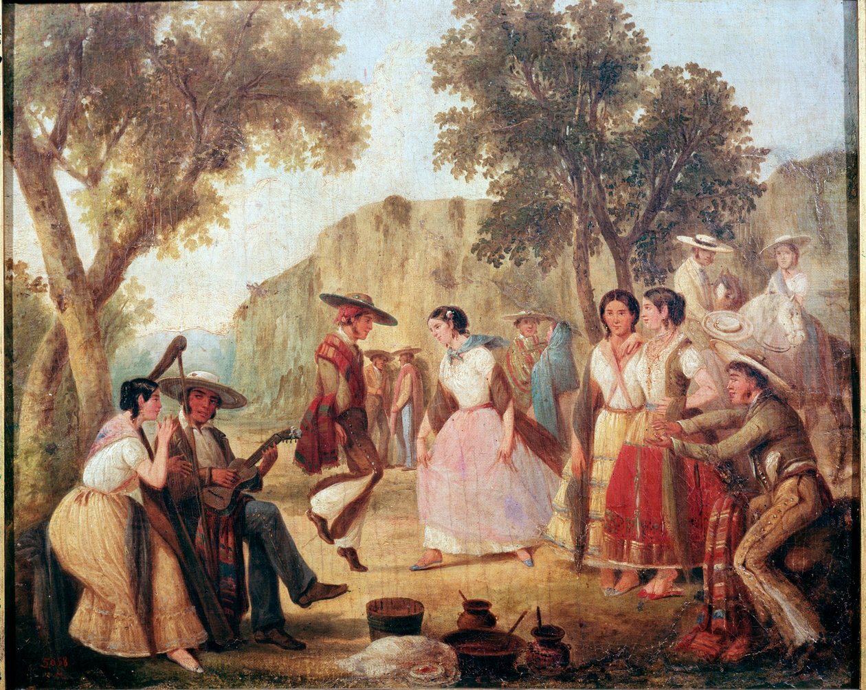 Traditionele Mexicaanse dans. Schilderij uit de 19e eeuw. Mexico, Nationaal Historisch Museum, Chapultepec Kasteel door Unknown artist