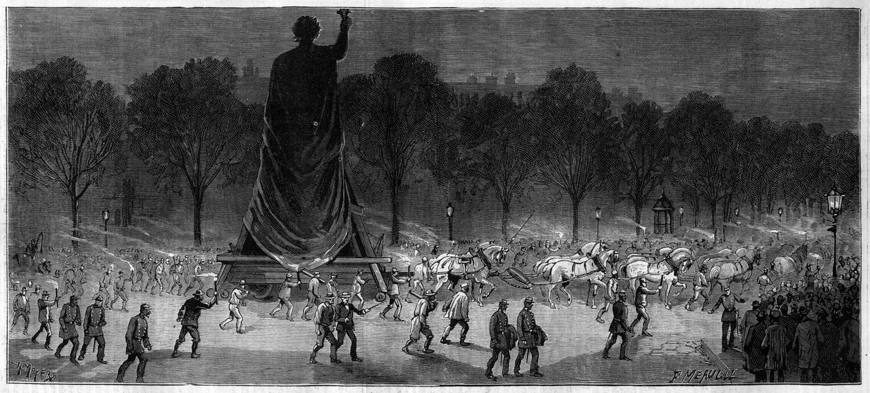 Verplaatsing van het standbeeld van de Republiek (Marianne in brons, 9,50 m hoog), van de werkplaatsen van de heer Thiebaut naar de Place de la Republique in Parijs in 1883 door Unknown artist