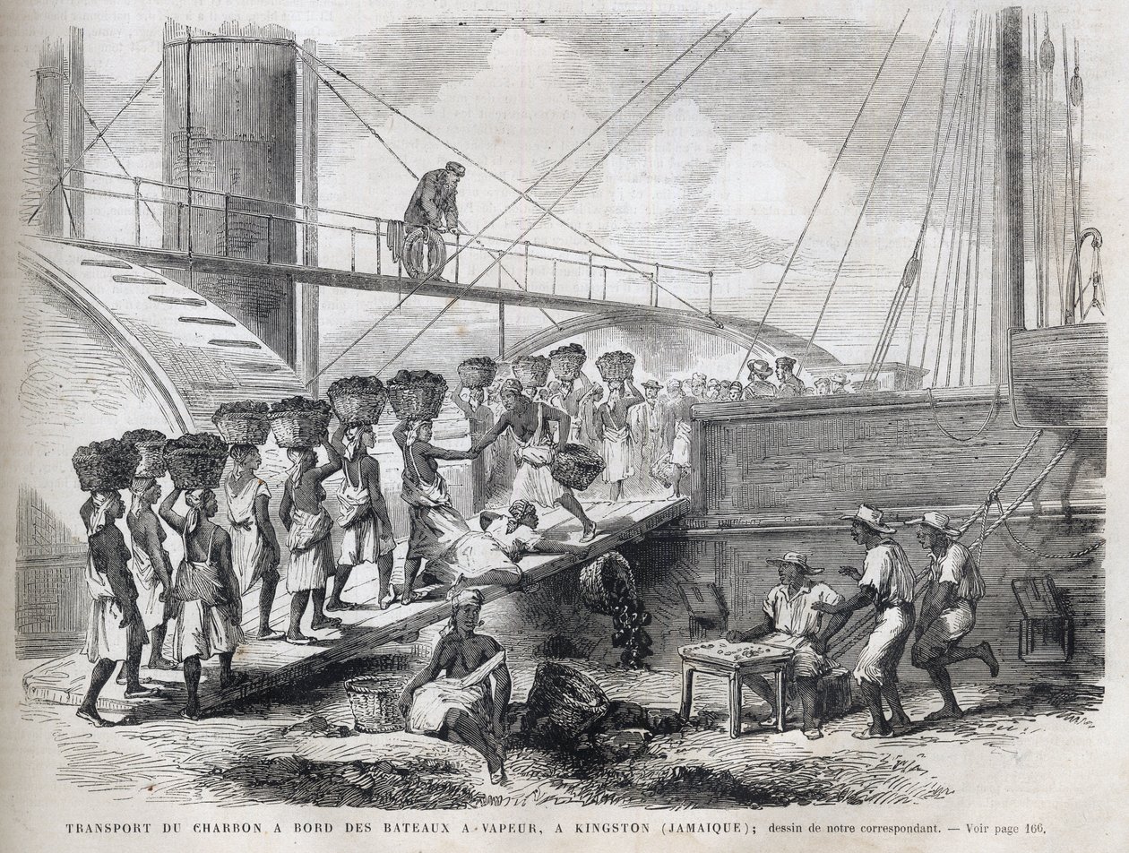 Transport van kolen aan boord van stoomschepen in Kingston (Jamaica) - Laden van kolen in Kingston - Jamaica - 1866 Gravure uit The Illustrous Universe 1866 door Unknown artist