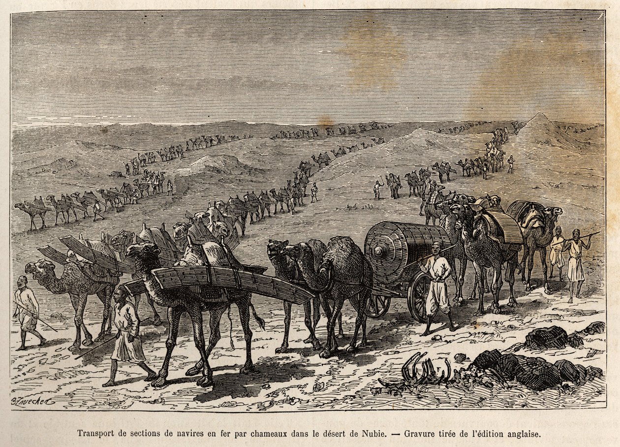 Transport van ijzeren scheepssecties door kamelen, in de woestijn van Nubië (Soedan), gravure ter illustratie van een gewapende expeditie in Centraal-Afrika, voor de onderdrukking van de zwarte handel door Unknown artist