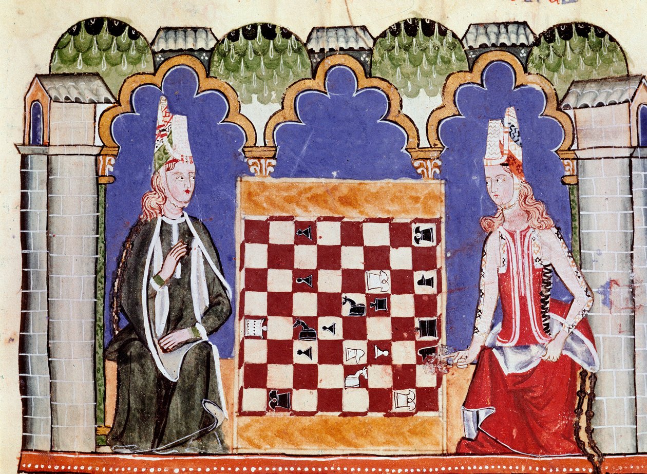 Twee vrouwen die schaken. Miniatuur uit het manuscript 