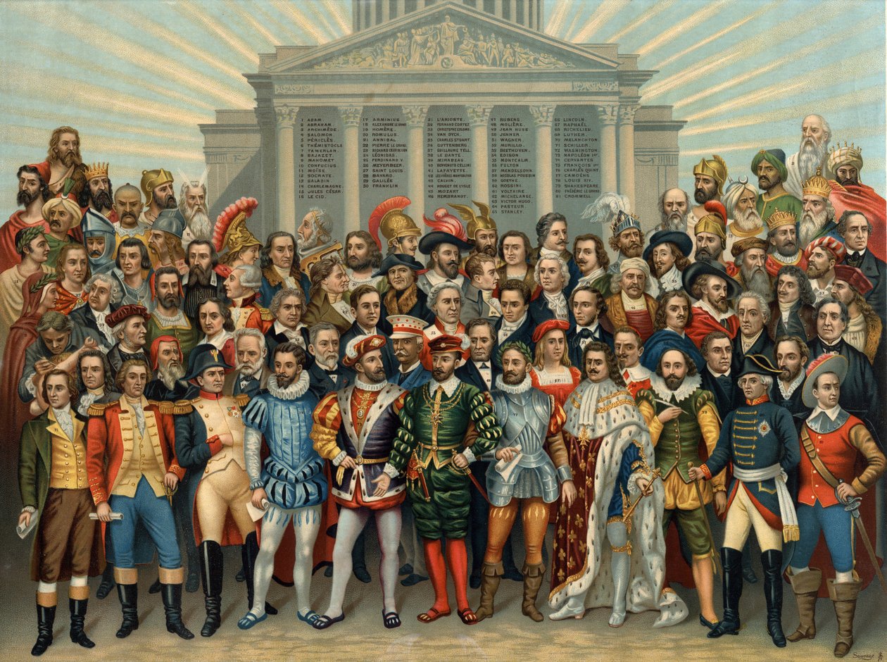 UNIVERSEEL PANTHEON VAN BELANGRIJKE BEKENDE MANNEN chromolithografie van Sauvage door Unknown artist