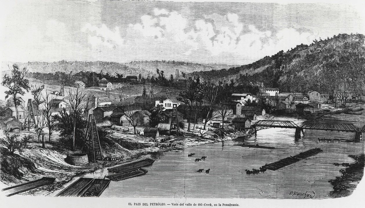 VS: Het oliegebied in Pennsylvania, Oil Creek Valley door Unknown artist