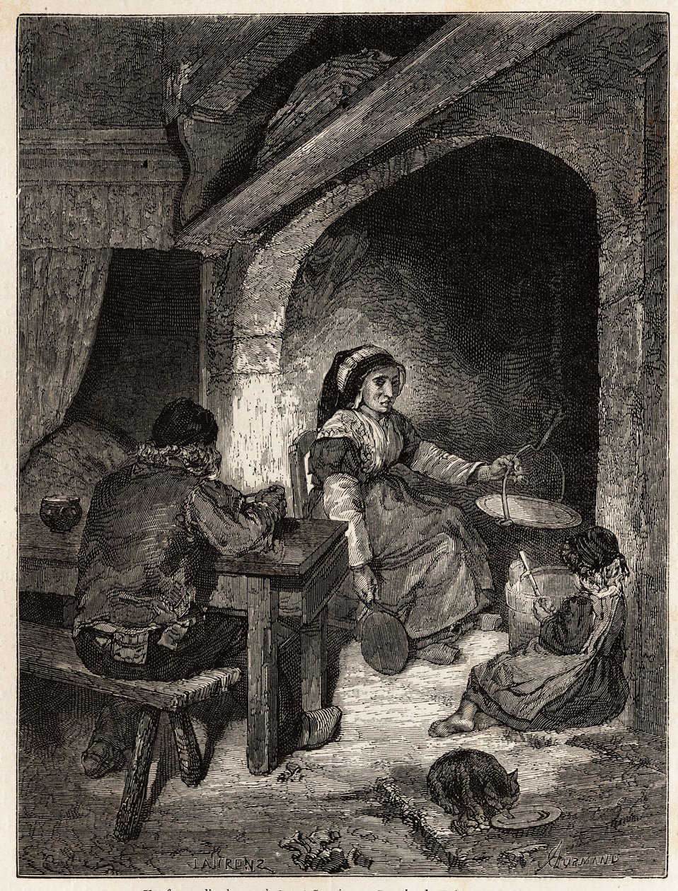 Een herberghaard in Saint Cernin, gravure ter illustratie van een reis naar de vulkanen van centraal Frankrijk in 1864, in 
