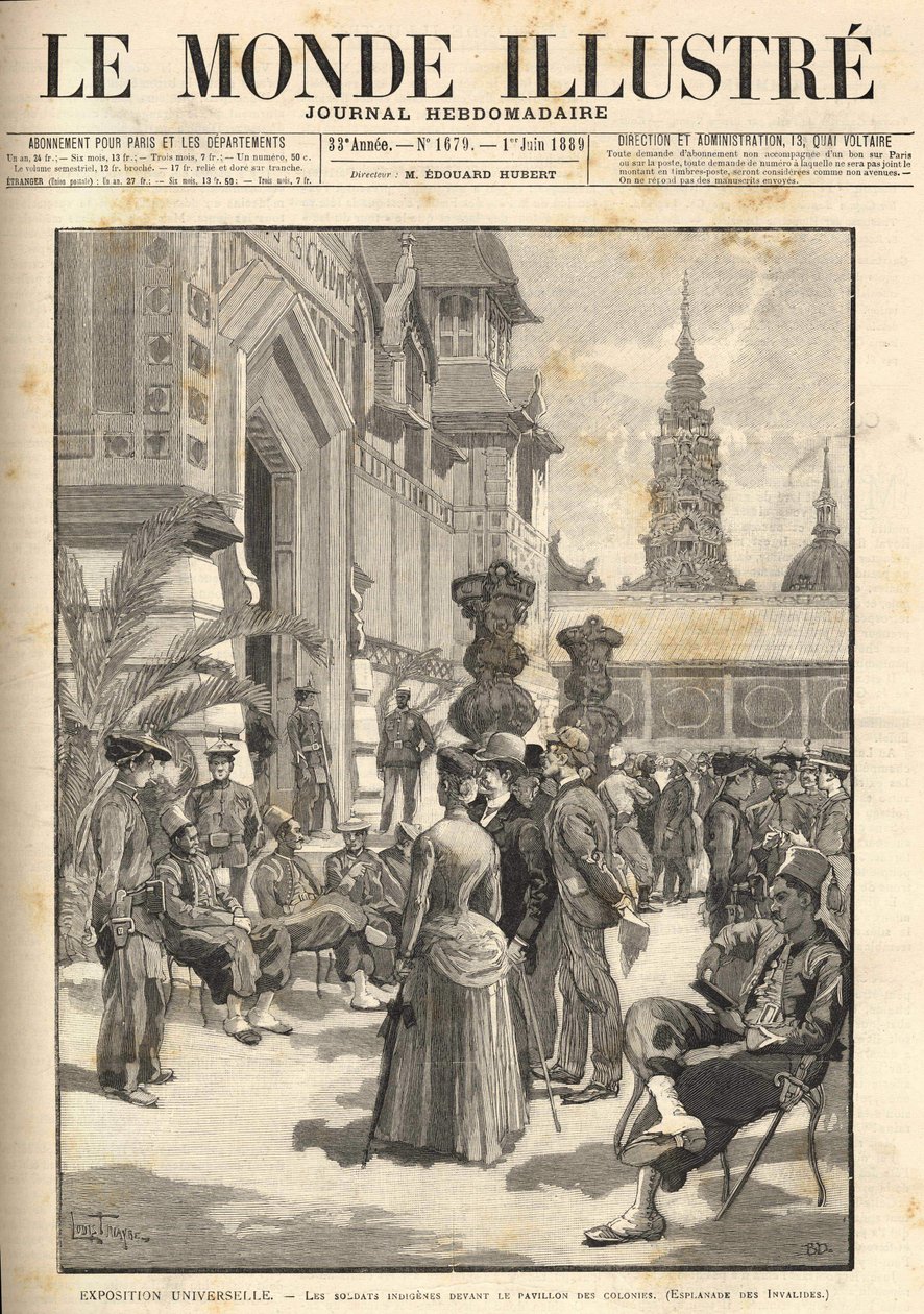 Universele Tentoonstelling 1889 - Inheemse soldaten voor het Koloniaal Paviljoen (Esplanade des Invalides). Omslag van 