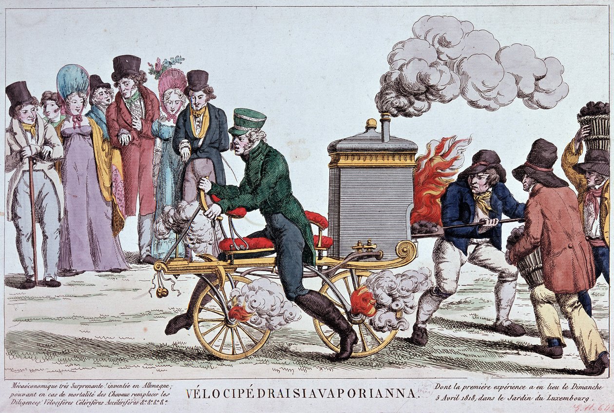 Velocipedraisiavaporianna: stoomvelocipede - gravure rond 1818, Bibliotheek van de stad Parijs door Unknown artist