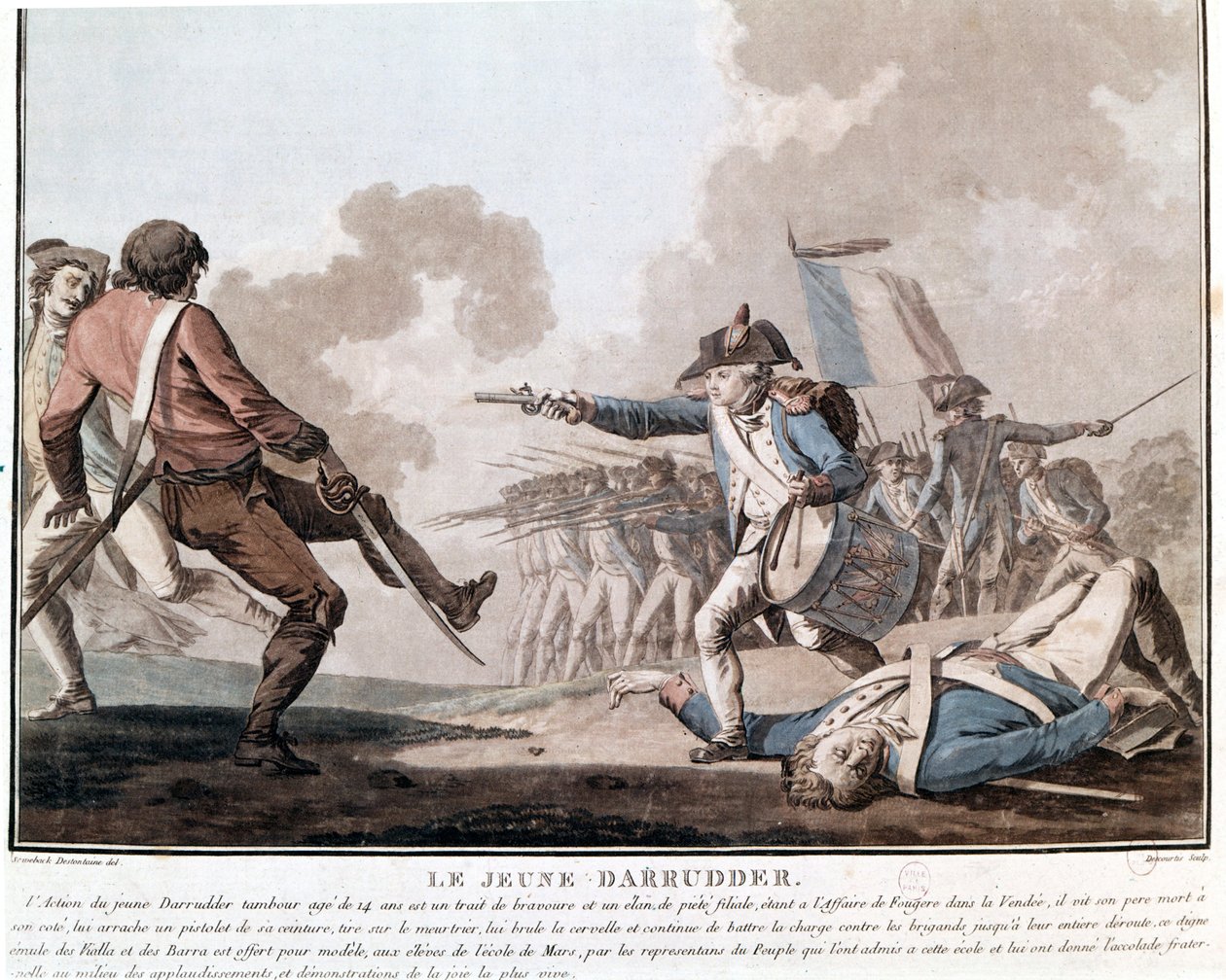 Opstand van de Vendée: de jonge Darruder. Dit is een voorbeeld van patriottisch heldendom aangezien Darruder een 14-jarige jongen was die het wapen van zijn dode vader oppakte om zijn moordenaar te doden en de strijd voort te zetten. 1793. door Unknown artist