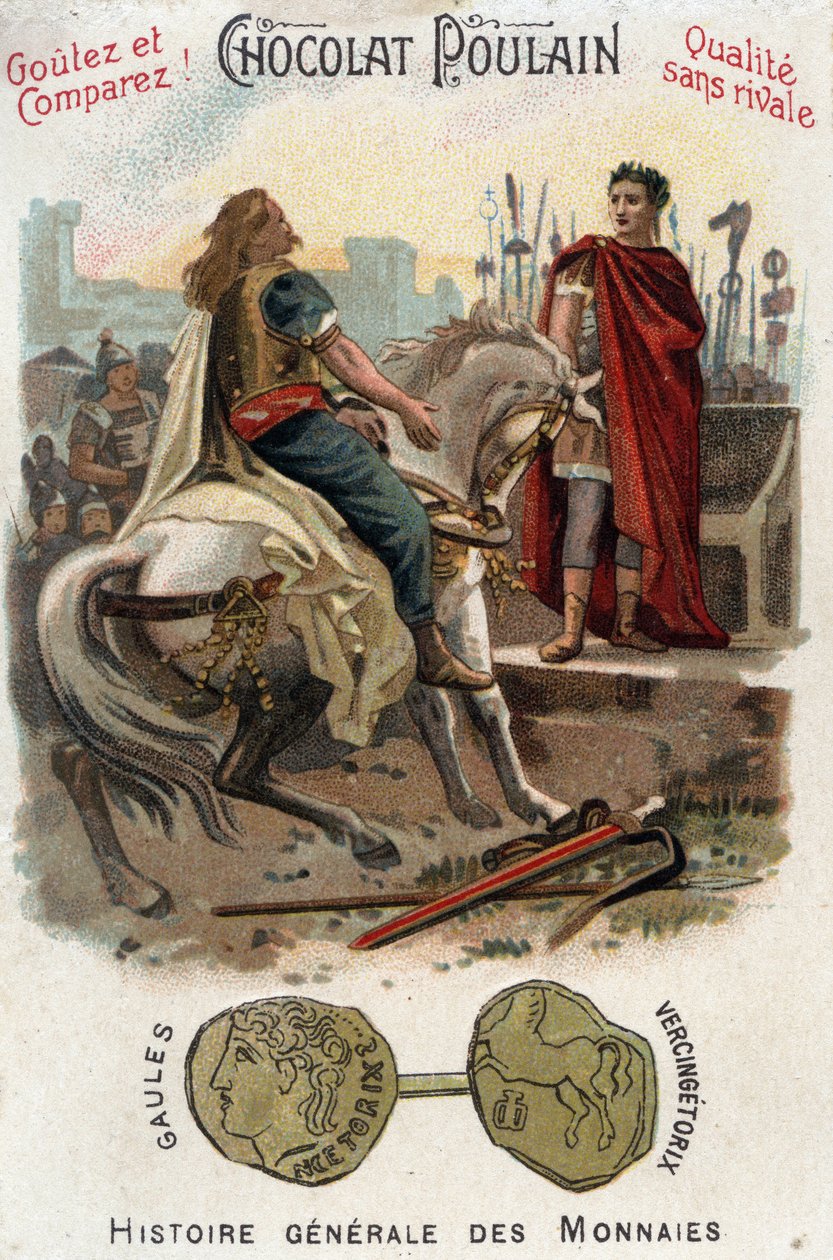 Vercingetorix (72-46 v.Chr.), leider van de Gallische opstand, legt de wapens neer aan de voeten van Caesar (100-44 v.Chr.), na definitief de stad Alesia te hebben verloren - In Algemene Geschiedenis van Munten - Chocolade-Foal Chromolithografie van de lat door Unknown artist